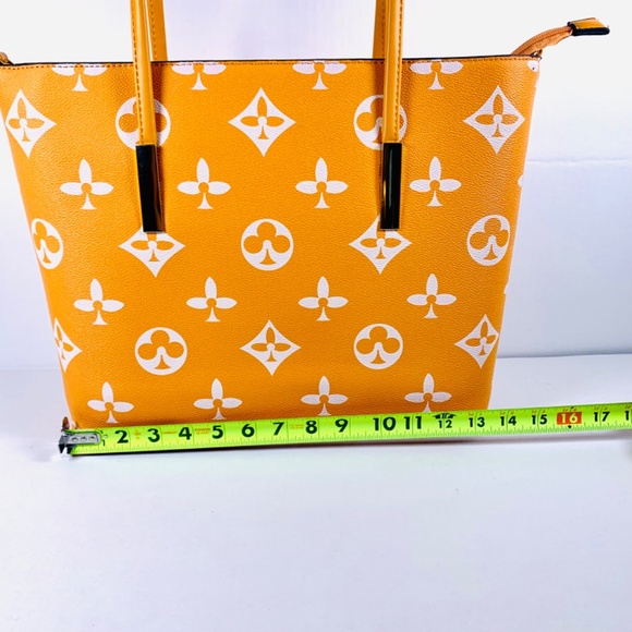 Trendy orange/white monogram pattern tote shoulder crossbody bag/wallet set gold - Picture 11 of 14